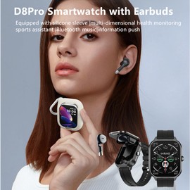 D8Pro 2.01" TFT Smartwatch with Earbuds Smart Watch TWS Wireless Bluetooth Headset Health Monitor Fitness Tracker Bluetooth Call Music Player (Black Steel)