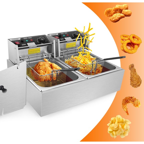 Wesoky 20.7 Qt Commercial Electric Deep Fryer with 2 Baskets, 2x6L Large Dual Tank Electric Deep Fryer Countertop for French Fries Turkey Restaurant Home Fast Oil Fryer with Temperature Control