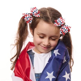 4th of July Hair Bow Clips - 2 Pcs Red White Blue Independence Day Hair Bows Clips Stars Stripes Alligator Barrettes Hair Accessories for Women Girls for Memorial Day (Red White-Star)