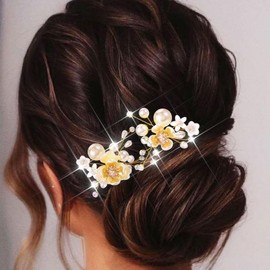 Kesvb Flower Bride Wedding Hair Pins Pearl Bridal Hair Piece Crystal Hair Accessories for Women (Pack of 2)