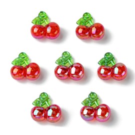 DanLingJewelry 20Pcs Resin 3D Fruit Charms Transparent Crackle Red Cherry Charms with Green Leaf for DIY Jewelry Making
