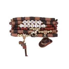 Cowgirl Cowboy Howdy Letter Charms Bracelet Cowboy Hat Boot Horseshoe Cactus Multi-layer Bracelets for Women Men Western Wristlet Set Country Concert Party Jewelry-Brown B