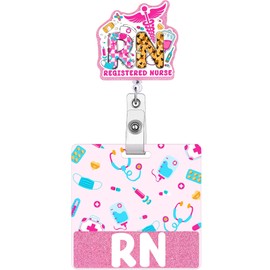 RN Badge Buddy Accessories - Retractable Nurse ID Name Badge Reel with Alligator Clip, Cute Pink Acrylic Glitter Buddy for Assistant Work Gifts
