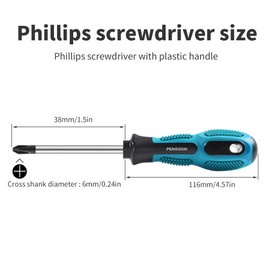 Skweawert PH2 6mm Magnetic Phillips Screwdriver Cross Head Screwdriver With 38mm/1.5" Cr-V Round Shaft Non Slip Comfortable Handle