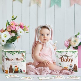 Teling 51 Pieces Diaper Raffle Tickets with Card Box Baby Shower Decorations Baby Shower Holder Box for Girl Boy Diaper Raffle Party(Woodland Animal)