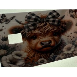 Black and White Plaid Highland Cow Credit / Debit Card Skin - Chip Side: Left Side