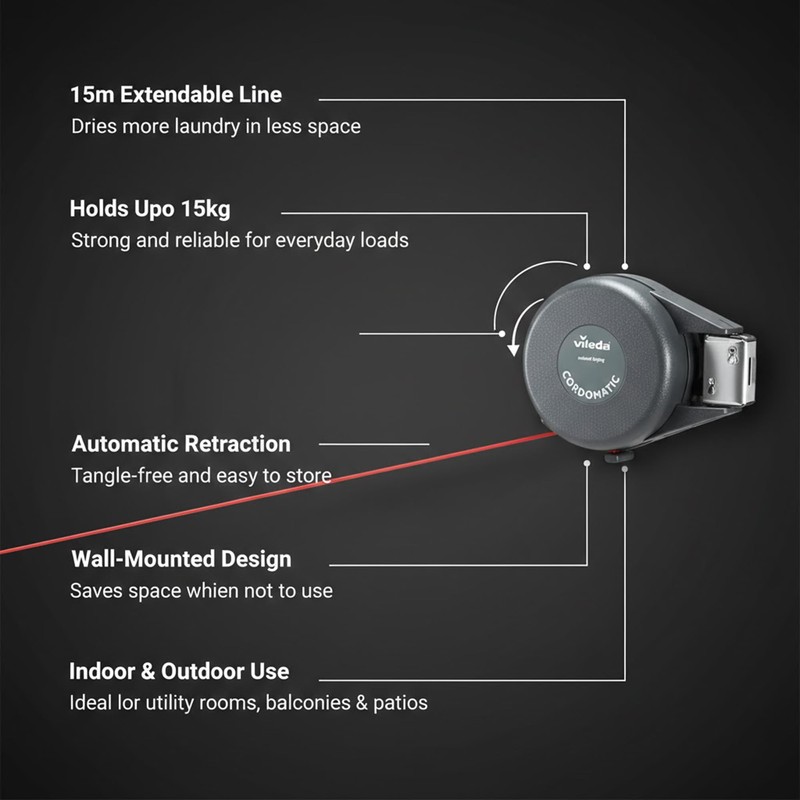 Vileda Cordomatic Retractable Washing Line 15m Wall Mounted Clothes Line