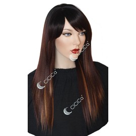 CiCiCa - “Amelia”, Synthetic Full Cap Wig, 24 Inches Long Wig with Swept Bang, Straight Wig, Ombre Black Roots to Mixed Brown Wig with Honey Blonde Highlights , Premium Heat Resistant Hair Replacement Wigs for Women Daily Use.