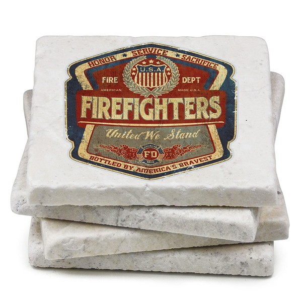 Natural Stone Coasters – Firefighter Gifts for Men or Women – Emergency Services Beverage & Beer Coasters – Firefighter Denim Fade (Set of 4)
