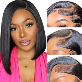 Bob Wig Human Hair 13x4 Frontal Lace Wig Short Straight HD Lace Front Bob Wigs for Black Women Human Hair Glueless Pre Plucked Hairline with Baby Hair 180% Density (12 Inch,Natural Black）