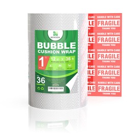 Perforated Bubble Wrap Roll [12inch x 36ft Roll] Cushioning Packing Wrap for Moving Shipping Packaging with 10 Fragile Stickers (1, 12" x 36")