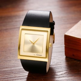 JewelryWe Herrenuhr Quadratische Uhr mit Lederarmband: 30m Wasserdicht Analog Quarz Armbanduhr Herren Minimalistische Business Casual Uhr mit Schwarz Echtleder Armband & Gold Eckigem Zifferblatt