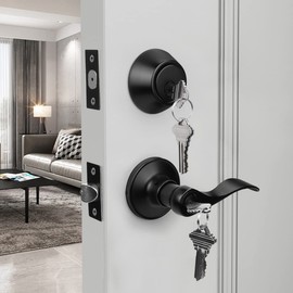 Gobrico 2 Pack Exterior Door Lever Lockset with Single Cylinder Deadbolt Black Door Handle with Deadbolt Lock Set Keyed Alike, Matte Black Finished