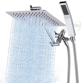 G-Promise All Metal 8 Inch Dual Square Shower Head with Handheld Spray Combo, Rain Shower Head, Adjustable Extension Arm, Smooth 3-Way Diverter, 71 Inch Extra Long Hose - A Bathroom Upgrade (Chrome)