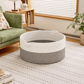 GOPAS 125L Extra Large Blanket Basket, 25" x 16", Jumbo Laundry Woven Baskets Decorative Home, Cotton Rope Basket with Handles, Baby Toy Baskets for Storage, White & Gray