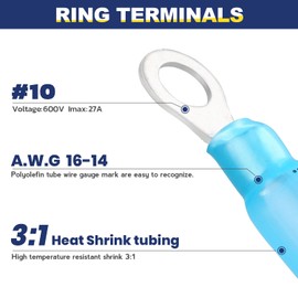 haisstronica 200pcs #10 Blue Marine Grade Heat Shrink Ring Connectors,16-14 Gauge Tinned Red Copper 0.7mm Ring Terminals Waterproof Eyelet Wire Connectors,Brazed-Seam Insulated Electrical Crimp