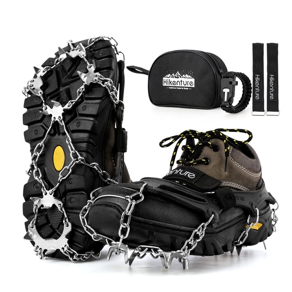 HIKENTURE Crampons Chain Spike, 201 Stainless Steel, Snow Spike, Ice Roads, Snow Mountains, Mountain Climbing, Hiking, Ice Fishing, Rock Fishing, River Climbing, Fall Prevention, Durable, Storage Bag Included, Unisex (Black, L)
