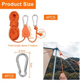 4 x 4 mm Reflective Guy Ropes Rope with Rope Tensioner Guy Ropes Camping with Ratchet Reflective Guy Ropes for Tent Tarpaulin Camping (Comes with 4 Replacement Carabiners)