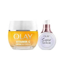 Olay Vitamin C + SPF30 Feuchtigkeitsspendende Tagescreme, 50 ml und Super Serum, 5 Vorteile in 1, 14 ml, 2 Stück, gleichmäßiger, hydratisiert und strahlend