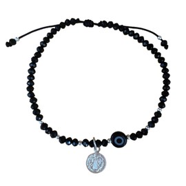 Pulsera Ojo Turco y Medalla de San Benito de Plata. Ajustable, plata 925 certificada y cristales negros. Ojo protector (NEGRO). Pulseras mujer o pulseras hombre. Joyería. Regalos para Mujer o Regalos para Hombre, de Cumpleaños, Día de San Valentín, Anive