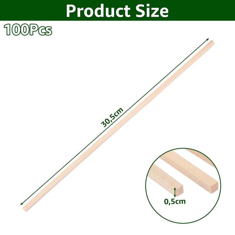 VIDETOL Pack of 100 Square Wooden Sticks, 30.5 x 0.5