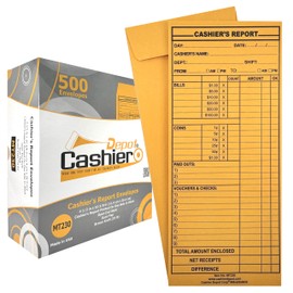 1000 Cashier Depot - Cashier's Report Envelope MT230, 4 1/2" x 10 3/8", Sturdy 24lb. Brown Kraft, Gum Flap, 1000 Count