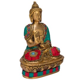 ARTVARKO Buddha Statue Blessing Brass with Multicolor Stone Handwork Home Décor Entrance Office Table Living Room Meditation Luck Gift Feng Shui Height 7 Inch Standard Multicolour