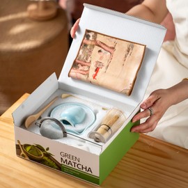 Matcha Whisk Set,Includes Ceramic Matcha Bowl, Bamboo Matcha Whisk and Holder, Bamboo Scoop and Spoon, Scoop Rest, Sifter and Tea Towel,Traditional Japanese Matcha Tea Ceremony Set Gift(Blue)