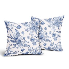 Blue and White Flowers Pillow Covers 2 Packs 16x16 Inch Blue Floral Throw Pillowcase Linen Decorative Summer Flower Summer Blue Outdoor Cushion Cover for Patio Sofa Bedroom Indoor Outdoor Party