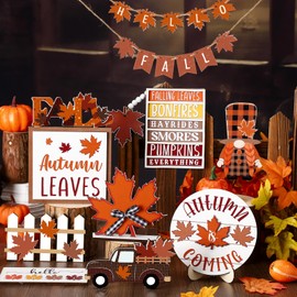 21 Pcs Fall Tiered Tray Decoration Maple Leaves Gnomes Fall Decoration Thanksgiving Decoration Farmhouse Rustic Wooden Sign with Truck Thanksgiving Fall Home Table Kitchen Decor Tray