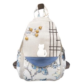 POPUCT Cute Small Cotton Hand Craft Backpack Purse Mini Multi Pocket Casual Daypack for Women (white cat)