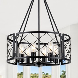 Farmhouse Chandelier, 6-Light Dining Room Light Fixture, 20.5" Rustic Drum Chandeliers Kitchen Island Lighting, Black Industrial Chandelier Hanging Pendant Light for Bedroom Hallway Entryway Foyer