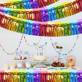 3 Pcs Rainbow Foil Fringe Garland Backdrop Decorations, 9.8 Feet Rainbow Metallic Tinsel Glitter Banner, Hanging Pastel Party Decorations for Birthday Wedding Pride Month Parade Floats Decor