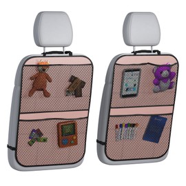 lebogner Back Seat Cover for Kids + 4 Pocket Storage Organizer, 2 Pack Kick Mats Backseat Protector, Car Accessories Waterproof Kick Guard for Vehicles to Protect from Dirt, Mud & Scratches, Pink