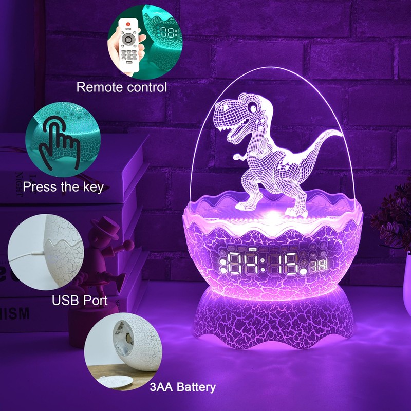 Cute Dinosaur Egg Alarm Clock/Digital Clock/Night Light/Music & White Noise
