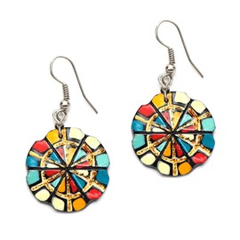 Hand painted vibrant glitter ship wheel coconut shell drop earrings