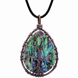 Natural Abalone Shell Wrapped Wire Tree of Life Pendant Necklace - Big - Bronze Copper