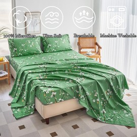 ZANBAST Green Sheet Set Full Size 4 Pcs Floral Sheets Set-All Season Full Flowers Bed Sheet Set with Pillowcases Shabby Vintage Sheets for Women Men (Green, Full)