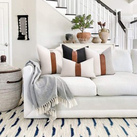 cygnus Set of 2 White Linen Patchwork Faux leather Throw Pillow Covers for Couch Living Room Bedroom, Modern Accent Decor Square Covers 18X18 inch, Brown and White