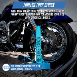 Tank Straps Motorcycle Tie Down Straps (4pk Blue) - 10.000 lb Webbing Break Strength 2'' x 10' Super Heavy Duty Endless Tie Downs with Ratchet Strap