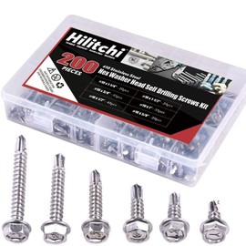 Hilitchi 410 Stainless Steel #8 Hex Washer Head Self Drilling Sheet Metal Tek Screws Assortment Kit Set with Drill Point, Self Driller, 200 Pieces