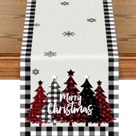 Xmas Table Runner for Buffalo Plaid Christmas Decorations, Merry Christmas Tree Table Runner, Christmas's Table Runners 72 Inches Long, Winter Table Runners for Xmas Table Decorations (Tree)