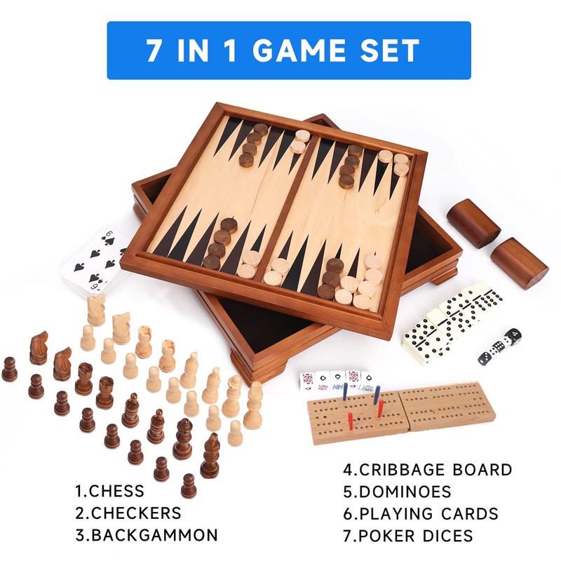 GSE Wooden 7-in-1 Board Game Set - Chess, Checkers, Backgammon,