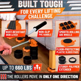 Furniture Jack Lifter Tool & Small Appliance Slider Combo – Furniture Lifter Tool Lifts Sofas, Tables & Appliances – Glide Bulky Items, Weight Load Up to 660 Lbs, Adjustable Height 0.6″ to 8.5″