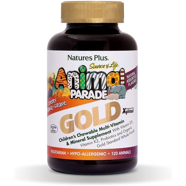 NaturesPlus Animal Parade Source of Life Gold Children's Multivitamin (3 Pack) - Assorted Cherry, Orange & Grape Flavors - 120 Chewable Tablets - Vegetarian, Gluten-Free - 180 Total Servings