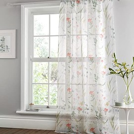 Dreams & Drapes - Summer Meadow Floral Single Net Curtain for Windows - W55 x L48 (140 x 122cm) - Flowers & Birds Window Net - White Voile Curtain for Bedroom & Living Room - White Sheer Curtains
