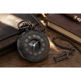 Vintage Roman Numeral Pocket Watch for Men – Engraved Quartz Watch with Chain, Classic Gift for Dad, Father’s Day & Birthday