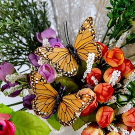 YCHTEWY - Monarch Butterfly Decor, Feather Butterfly Decorations Set of 12 with Wire 3" Orange