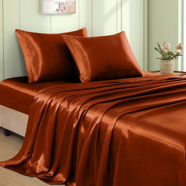 VACVELT 4pcs Rust Orange Satin Sheets Queen Size Bed Set,