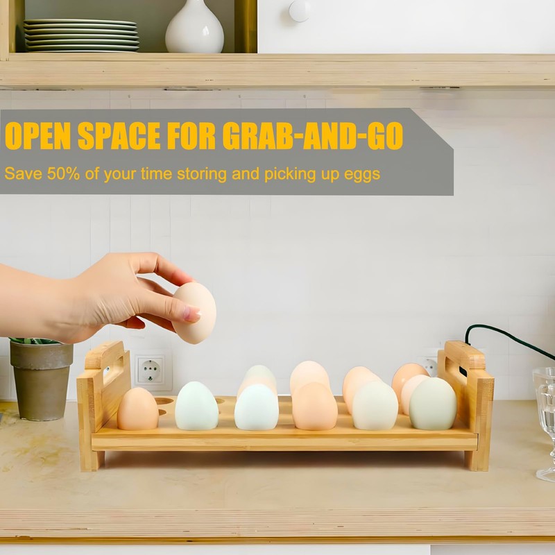 Bamboo Egg Holder & Storage - Stackable Large Capacity Organizer,